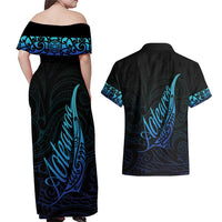 Aotearoa New Zealand Couples Matching Off Shoulder Maxi Dress and Hawaiian Shirt Koru Fern Blue Gradient