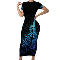 Aotearoa New Zealand Short Sleeve Bodycon Dress Koru Fern Blue Gradient LT05 Long Dress Blue - Polynesian Pride