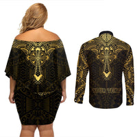 Personalized Polynesia Couples Matching Off Shoulder Short Dress and Long Sleeve Button Shirt With Christian Cross LT05 - Polynesian Pride