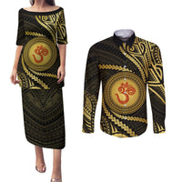 Polynesia Couples Matching Puletasi Dress and Long Sleeve Button Shirt With Hindu Om Symbol LT05 Gold - Polynesian Pride