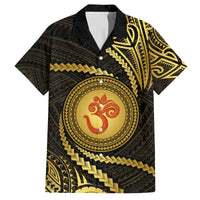 Polynesia Family Matching Off Shoulder Maxi Dress and Hawaiian Shirt With Hindu Om Symbol LT05 Dad's Shirt - Short Sleeve Gold - Polynesian Pride