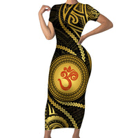 Polynesia Short Sleeve Bodycon Dress With Hindu Om Symbol LT05 Long Dress Gold - Polynesian Pride