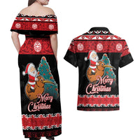 New Zealand Christmas Couples Matching Off Shoulder Maxi Dress and Hawaiian Shirt Funny Santa Riding Kiwi Meri Kirihimete