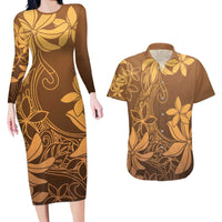 Tiare Tahiti Couples Matching Long Sleeve Bodycon Dress and Hawaiian Shirt Brown Polynesia Motifs - Polynesian Pride