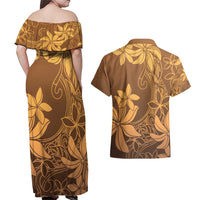 Tiare Tahiti Couples Matching Off Shoulder Maxi Dress and Hawaiian Shirt Brown Polynesia Motifs - Polynesian Pride