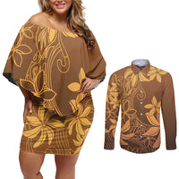 Tiare Tahiti Couples Matching Off Shoulder Short Dress and Long Sleeve Button Shirt Brown Polynesia Motifs LT05 Brown - Polynesian Pride