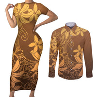Tiare Tahiti Couples Matching Short Sleeve Bodycon Dress and Long Sleeve Button Shirt Brown Polynesia Motifs LT05 Brown - Polynesian Pride