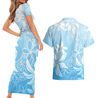 Tiare Tahiti Couples Matching Short Sleeve Bodycon Dress and Hawaiian Shirt Blue Polynesia Motifs - Polynesian Pride