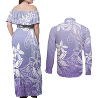 Tiare Tahiti Couples Matching Off Shoulder Maxi Dress and Long Sleeve Button Shirt Purple Polynesia Motifs LT05 - Polynesian Pride