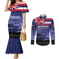 Hawaii Pearl Harbor Remembrance Day Couples Matching Mermaid Dress and Long Sleeve Button Shirt Flag Style LT05 Blue - Polynesian Pride