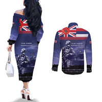 Hawaii Pearl Harbor Remembrance Day Couples Matching Off The Shoulder Long Sleeve Dress and Long Sleeve Button Shirt Flag Style LT05 - Polynesian Pride
