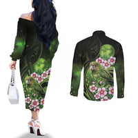 New Zealand Aotearoa Kakapo Couples Matching Off The Shoulder Long Sleeve Dress and Long Sleeve Button Shirt Maori Pattern With Manuka Galaxy Style - Polynesian Pride