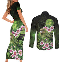 New Zealand Aotearoa Kakapo Couples Matching Short Sleeve Bodycon Dress and Long Sleeve Button Shirt Maori Pattern With Manuka Galaxy Style - Polynesian Pride
