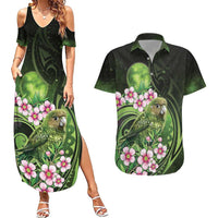 New Zealand Aotearoa Kakapo Couples Matching Summer Maxi Dress and Hawaiian Shirt Maori Pattern With Manuka Galaxy Style LT05 Green - Polynesian Pride