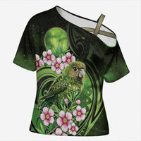 New Zealand Aotearoa Kakapo Cross Shoulder Shirt Maori Pattern With Manuka Galaxy Style LT05 Female Green - Polynesian Pride