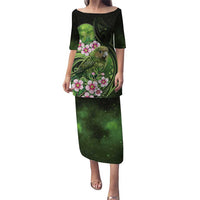 New Zealand Aotearoa Kakapo Puletasi Maori Pattern With Manuka Galaxy Style LT05 Long Dress Green - Polynesian Pride