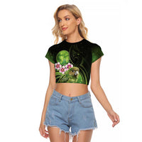 New Zealand Aotearoa Kakapo Raglan Cropped T Shirt Maori Pattern With Manuka Galaxy Style LT05 Female Green - Polynesian Pride