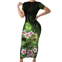 New Zealand Aotearoa Kakapo Short Sleeve Bodycon Dress Maori Pattern With Manuka Galaxy Style LT05 Long Dress Green - Polynesian Pride