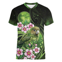 New Zealand Aotearoa Kakapo Women V-Neck T-Shirt Maori Pattern With Manuka Galaxy Style - Polynesian Pride