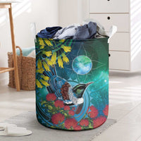 New Zealand Tui Bird Laundry Basket Maori Koru With Pohutukawa Galaxy Style LT05 Blue - Polynesian Pride