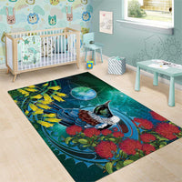 New Zealand Tui Bird Area Rug Maori Koru With Pohutukawa Galaxy Style - Polynesian Pride