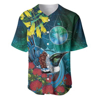 New Zealand Tui Bird Baseball Jersey Maori Koru With Pohutukawa Galaxy Style LT05 Blue - Polynesian Pride