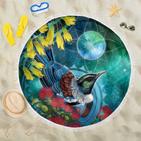 New Zealand Tui Bird Beach Blanket Maori Koru With Pohutukawa Galaxy Style - Polynesian Pride