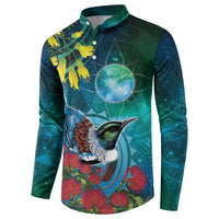 New Zealand Tui Bird Button Sweatshirt Maori Koru With Pohutukawa Galaxy Style - Polynesian Pride