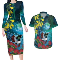 New Zealand Tui Bird Couples Matching Long Sleeve Bodycon Dress and Hawaiian Shirt Maori Koru With Pohutukawa Galaxy Style - Polynesian Pride