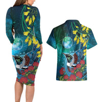 New Zealand Tui Bird Couples Matching Long Sleeve Bodycon Dress and Hawaiian Shirt Maori Koru With Pohutukawa Galaxy Style - Polynesian Pride