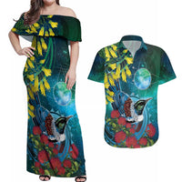 New Zealand Tui Bird Couples Matching Off Shoulder Maxi Dress and Hawaiian Shirt Maori Koru With Pohutukawa Galaxy Style - Polynesian Pride