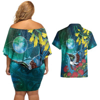 New Zealand Tui Bird Couples Matching Off Shoulder Short Dress and Hawaiian Shirt Maori Koru With Pohutukawa Galaxy Style - Polynesian Pride