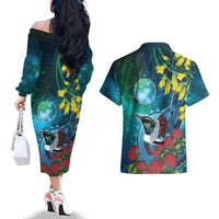 New Zealand Tui Bird Couples Matching Off The Shoulder Long Sleeve Dress and Hawaiian Shirt Maori Koru With Pohutukawa Galaxy Style - Polynesian Pride