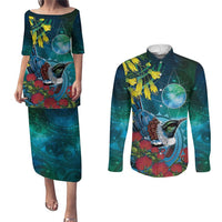 New Zealand Tui Bird Couples Matching Puletasi and Long Sleeve Button Shirt Maori Koru With Pohutukawa Galaxy Style - Polynesian Pride