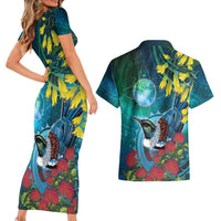 New Zealand Tui Bird Couples Matching Short Sleeve Bodycon Dress and Hawaiian Shirt Maori Koru With Pohutukawa Galaxy Style - Polynesian Pride