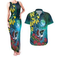 New Zealand Tui Bird Couples Matching Tank Maxi Dress and Hawaiian Shirt Maori Koru With Pohutukawa Galaxy Style - Polynesian Pride