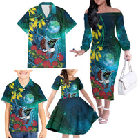 New Zealand Tui Bird Family Matching Off The Shoulder Long Sleeve Dress and Hawaiian Shirt Maori Koru With Pohutukawa Galaxy Style - Polynesian Pride