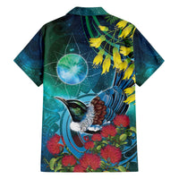 New Zealand Tui Bird Family Matching Off The Shoulder Long Sleeve Dress and Hawaiian Shirt Maori Koru With Pohutukawa Galaxy Style - Polynesian Pride