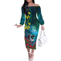 New Zealand Tui Bird Family Matching Off The Shoulder Long Sleeve Dress and Hawaiian Shirt Maori Koru With Pohutukawa Galaxy Style - Polynesian Pride