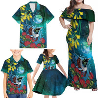 New Zealand Tui Bird Family Matching Off Shoulder Maxi Dress and Hawaiian Shirt Maori Koru With Pohutukawa Galaxy Style - Polynesian Pride