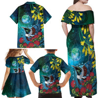 New Zealand Tui Bird Family Matching Off Shoulder Maxi Dress and Hawaiian Shirt Maori Koru With Pohutukawa Galaxy Style - Polynesian Pride