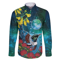 New Zealand Tui Bird Family Matching Off Shoulder Maxi Dress and Hawaiian Shirt Maori Koru With Pohutukawa Galaxy Style - Polynesian Pride