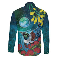 New Zealand Tui Bird Family Matching Off Shoulder Maxi Dress and Hawaiian Shirt Maori Koru With Pohutukawa Galaxy Style - Polynesian Pride