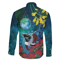 New Zealand Tui Bird Family Matching Puletasi and Hawaiian Shirt Maori Koru With Pohutukawa Galaxy Style - Polynesian Pride