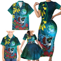New Zealand Tui Bird Family Matching Short Sleeve Bodycon Dress and Hawaiian Shirt Maori Koru With Pohutukawa Galaxy Style - Polynesian Pride