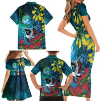 New Zealand Tui Bird Family Matching Short Sleeve Bodycon Dress and Hawaiian Shirt Maori Koru With Pohutukawa Galaxy Style - Polynesian Pride