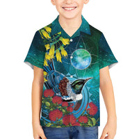 New Zealand Tui Bird Family Matching Short Sleeve Bodycon Dress and Hawaiian Shirt Maori Koru With Pohutukawa Galaxy Style - Polynesian Pride