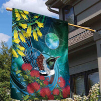 New Zealand Tui Bird Garden Flag Maori Koru With Pohutukawa Galaxy Style - Polynesian Pride
