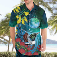 New Zealand Tui Bird Hawaiian Shirt Maori Koru With Pohutukawa Galaxy Style - Polynesian Pride