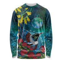 New Zealand Tui Bird Long Sleeve Shirt Maori Koru With Pohutukawa Galaxy Style - Polynesian Pride